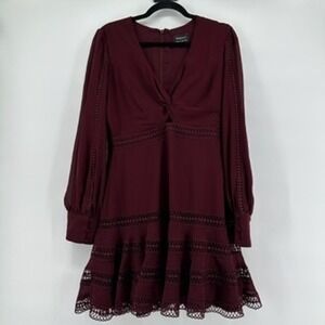 Bardot Dress US M Burgundy Long Sleeve Mini Twist Front Ruffle Hem